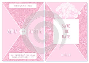 Wedding invitation card with pink angelica