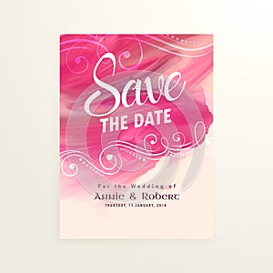 Wedding invitation card with pink watercolor splash paint effect