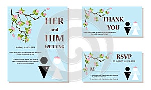 Wedding Invitation card, save the date, thank you, rsvp template. Bride and groom silhouette