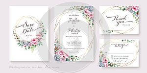 Wedding Invitation card, save the date, thank you, rsvp template. Vector. Succulent and Rose flower, silver dollar plant.