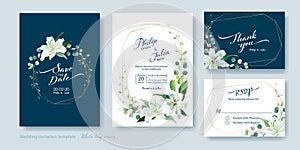 Wedding Invitation card, save the date, thank you, rsvp template. Vector. White lily flower, silver dollar plant, olive leaves,