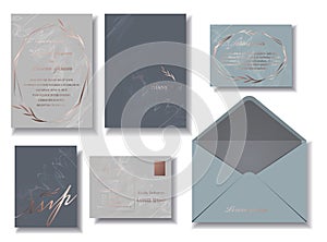 Wedding invitation card set in elegant gray tone with leaf print in rose gold color. RSVP Cards. Envelopes. Illustrations