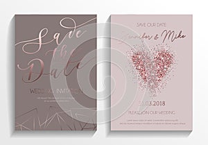 Wedding invitation card set. Modern design template with rose go