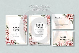 Wedding Invitation Card Set with Peony Flowers Watercolor Template