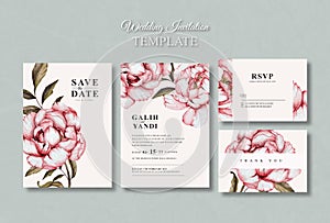 Wedding Invitation Card Set with Peony Flowers Watercolor Template