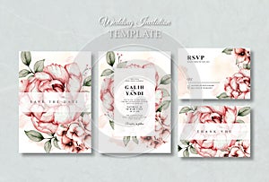 Wedding Invitation Card Set with Peony Flowers Watercolor Template