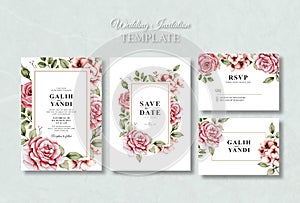 Wedding Invitation Card Set with Roses Flowers Watercolor Template