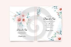 Wedding invitation card set template with golden line on floral watercolor