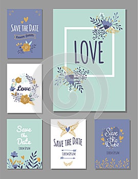 Wedding invitation card suite with flower templates day handmade lettering print layout design vector illustration