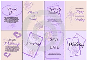 Wedding invitation card suite with flowers. Design vector illustration set border background vintage template.