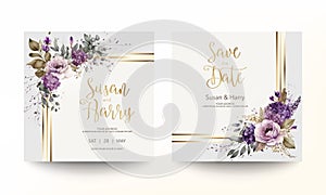 Wedding invitation card template with beautiful floral in gold frame. Flower watercolor brush texture. Save the date invite cards