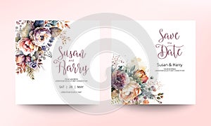 Wedding invitation card template with beautiful floral and leaves. Flower watercolor brush texture. Save the date invite cards.