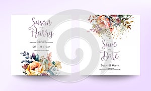 Wedding invitation card template with beautiful floral and leaves. Flower watercolor brush texture. Save the date invite cards.