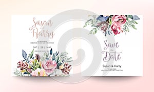 Wedding invitation card template with beautiful floral and leaves. Flower watercolor brush texture. Save the date invite cards.