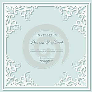 Wedding invitation card template with laser cutting frame. Square filigree cutout envelope design. Pastel blue and white