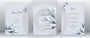 Wedding invitation card template nature leaf blue design with gold frame