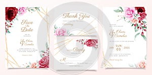 Wedding invitation card template set with elegant flowers decoration. Greenery floral border save the date, invitation, greeting,
