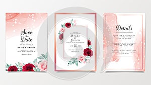 Wedding invitation card template set with flowers decoration and elegant fluid background. Burgundy and peach roses botanic