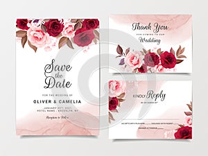 Wedding invitation card template set with flowers decoration and fluid background. Burgundy and peach roses botanic illustration