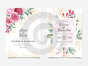 Wedding invitation card template set with gold floral glitter decoration. Red and peach roses flowers background for save the date