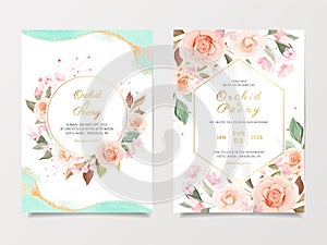 Wedding invitation card template set with peach and pink roses flowers. Cards with various floral illustration and watercolor