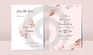 Wedding invitation card template set with soft floral and watercolor background