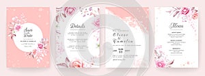 Wedding invitation card template set with watercolor and floral decoration. Flowers background for save the date, greeting, rsvp,
