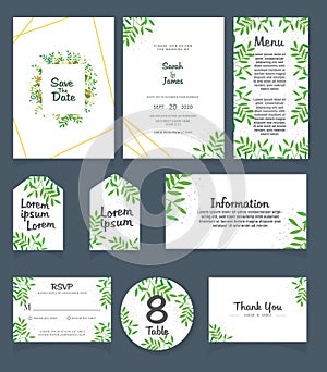 Wedding invitation card template. Wedding invitation, thank you, save the date, menu, information, RSVP, label, table number and