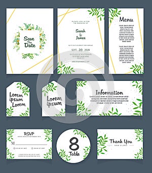 Wedding invitation card template. Wedding invitation, thank you, save the date, menu, information, RSVP, label, table number and