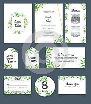 Wedding invitation card template. Wedding invitation, thank you, save the date, menu, information, RSVP, label, table number and