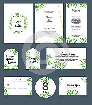 Wedding invitation card template. Wedding invitation, thank you, save the date, menu, information, RSVP, label, table number and