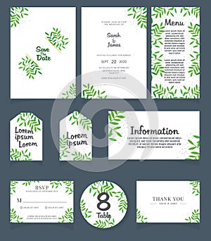 Wedding invitation card template. Wedding invitation, thank you, save the date, menu, information, RSVP, label, table number and