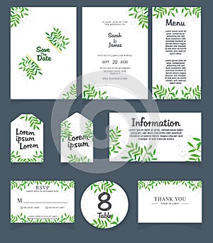 Wedding invitation card template. Wedding invitation, thank you, save the date, menu, information, RSVP, label, table number and