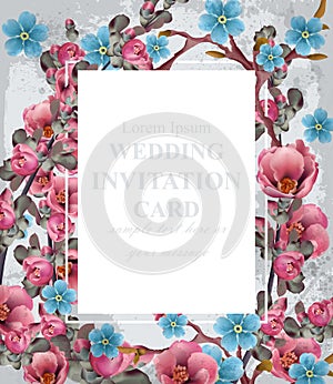 Wedding invitation card Vector. Blue and pink spring flowers. Beautiful vertical floral frame 3d backgrounds