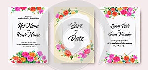 Wedding invitation card vintage set colorful roses watercolor on white