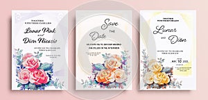Wedding invitation card watercolor paintings vintage frame set roses