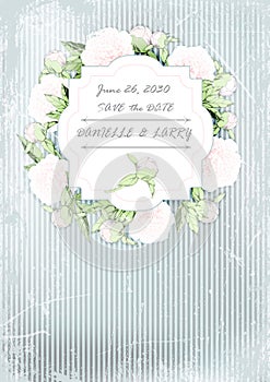 Wedding invitation card. wreath of peonies on grunge background. vector ilustration