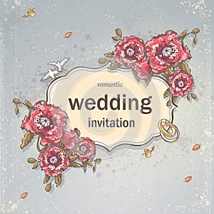 Wedding invitation card for your text on a gray background with poppies, Wedding Rings and Doves