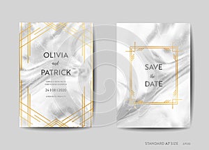 Wedding Invitation Cards, Art Deco Style Save the Date with trendy marble texture background and gold geometric frame