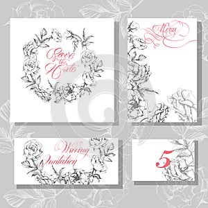 Wedding Invitation Cards with blooming roses Template Vector.