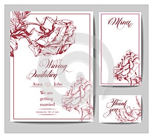 Wedding Invitation Cards with blooming roses Use for Boarding Pass, Save The Date, thank you card. Vector.