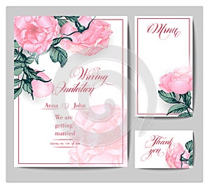 Wedding Invitation Cards with blooming roses Use for Boarding Pass, Save The Date, thank you card. Vector.