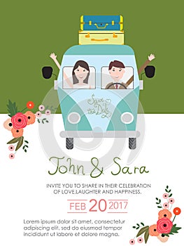 wedding invitation cards with bride and groom on the car. vintage style.save the date banner.Ilustration EPS 10.