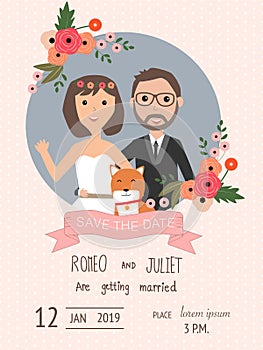 Wedding invitation cards with bride and groom and their dog pet.