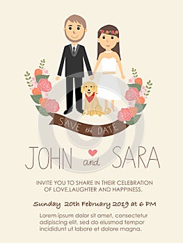 Wedding invitation cards with bride and groom and their dog pet