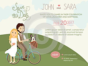 Wedding invitation cards with bride and groom and their Pug dog