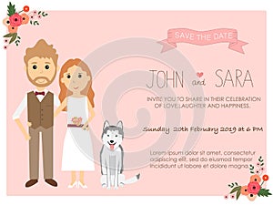 wedding invitation cards with bride and groom and their syberian husky dog pet. vintage style.save the date