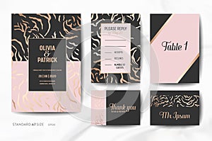 Wedding Invitation Cards Collection. Save the Date, RSVP, Signs with trendy Animal Skin golden texture background
