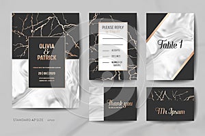 Wedding Invitation Cards Collection. Save the Date, RSVP, Signs with trendy marble texture background geometric frame