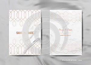 Wedding Invitation Cards Collection. Save the Date, RSVP with trendy marble texture background gold geometric art deco